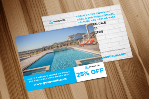 mockup of postcards promoting 25% off pool chemicals