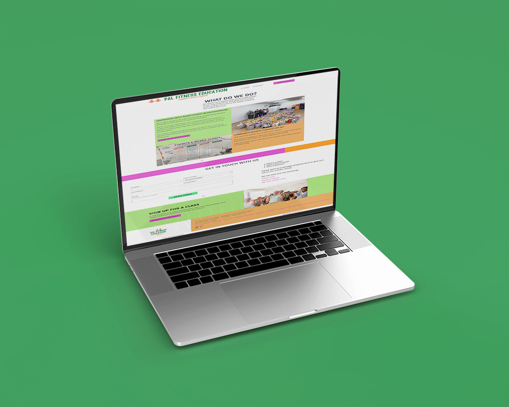 Macbook laptop displaying website mockup of PAL Fitness Education CIC